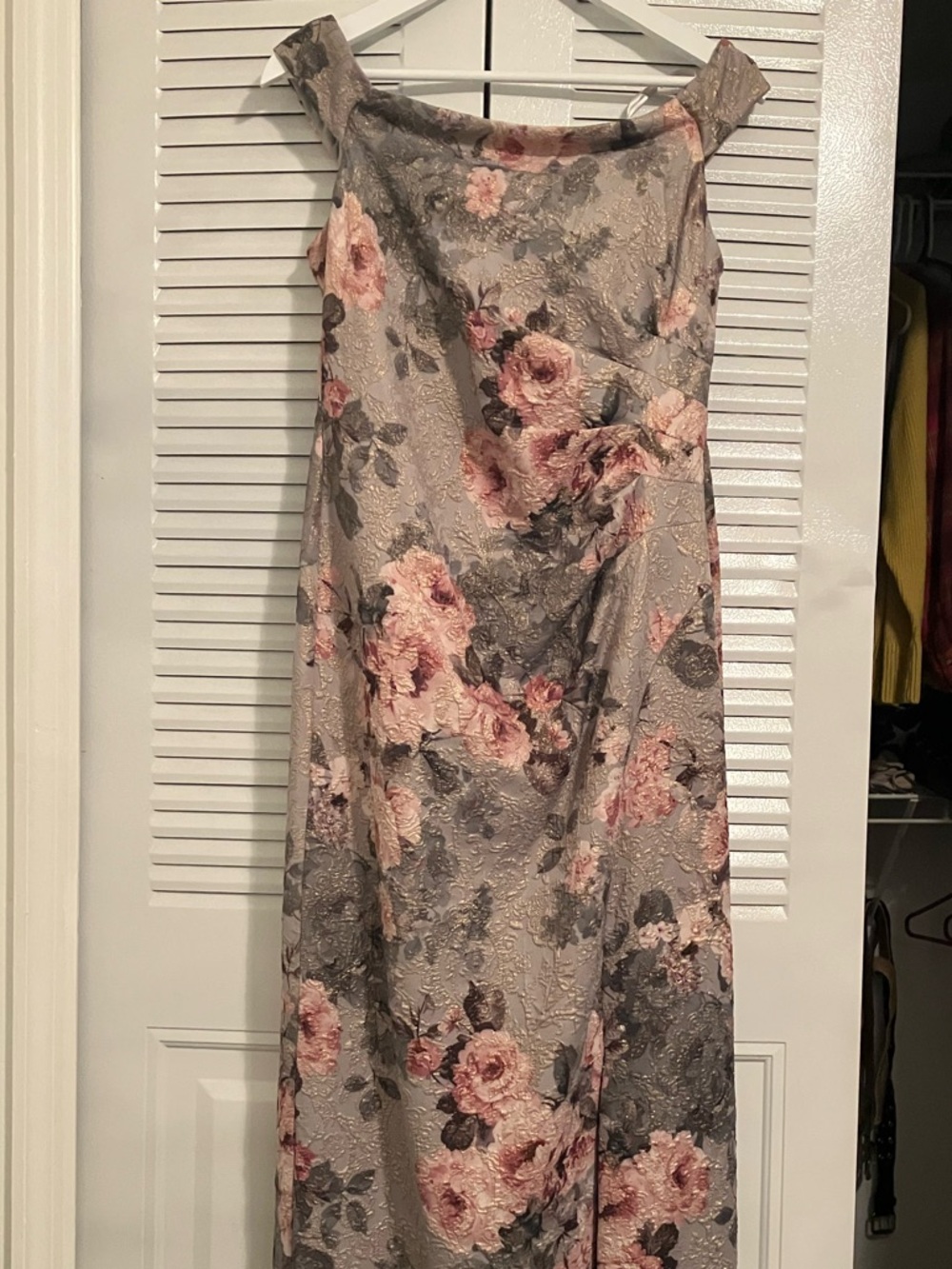 Adrianna Papell Gray Floral Off-Shoulder Gown with Pink Roses